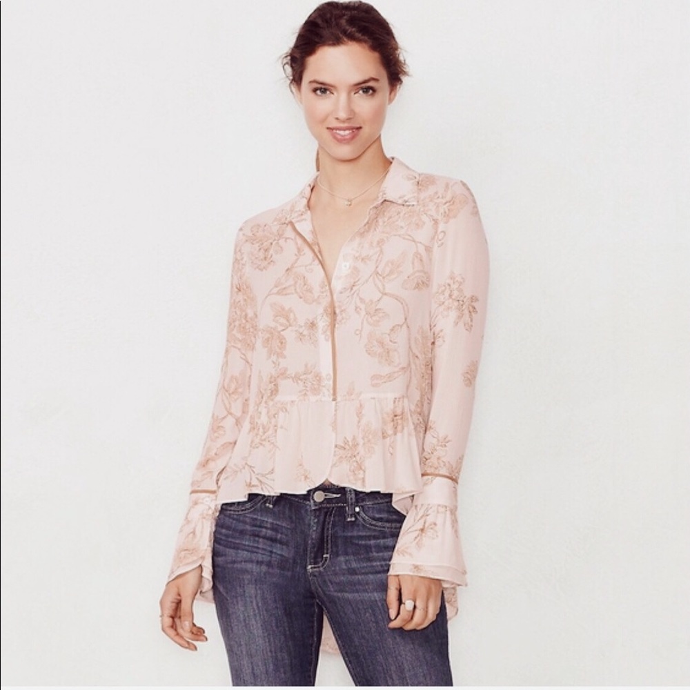 Lauren Conrad off-white tan floral high low bell sleeve blouse button longsleeve - Picture 1 of 7